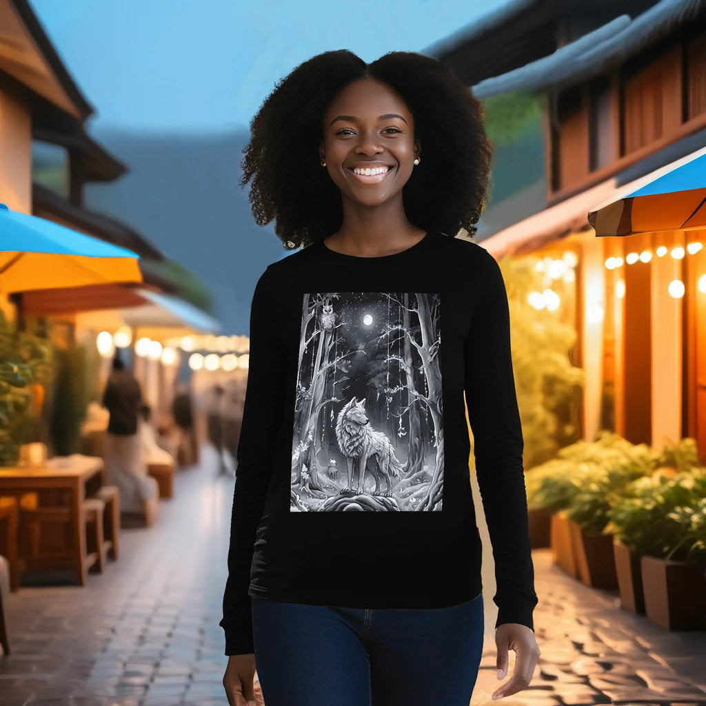 Ethereal Wolf in the Moonlight Printed Unisex Crew Neck Long Sleeve T-shirt