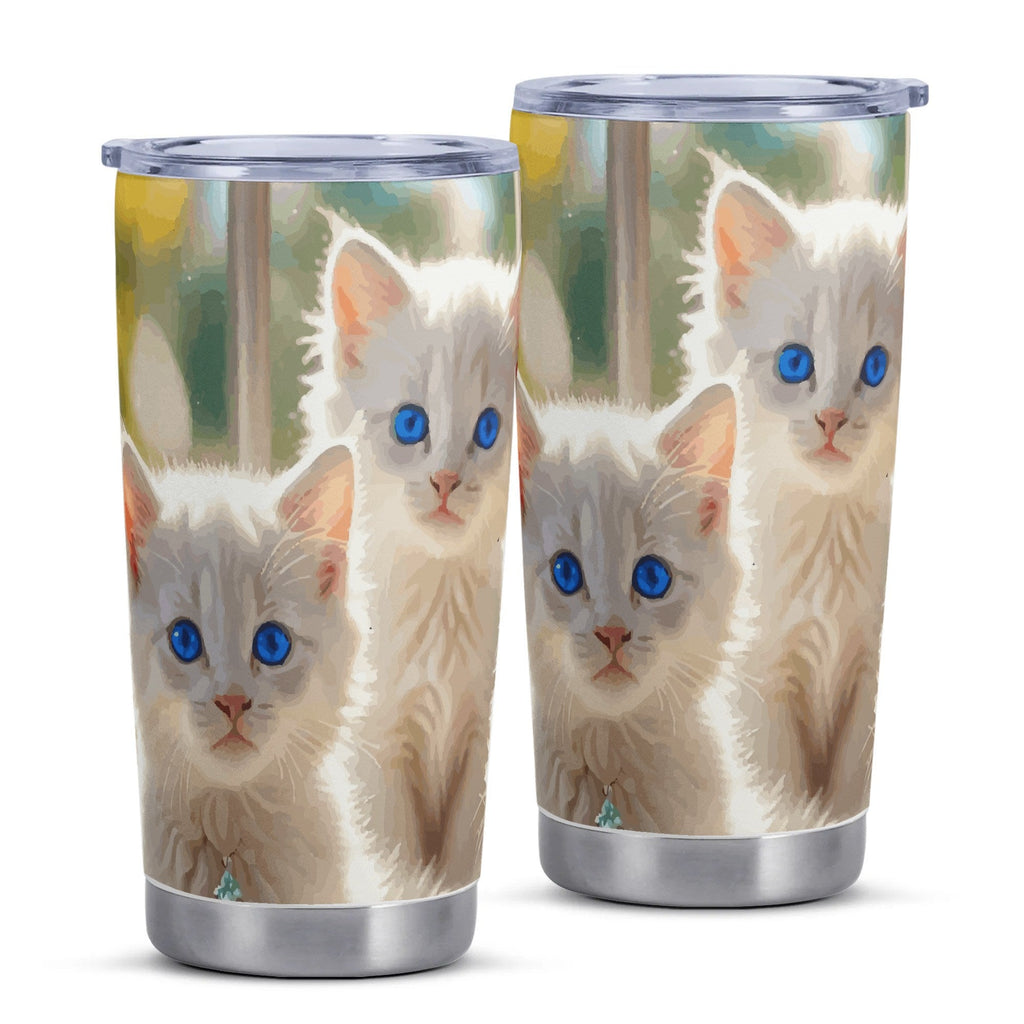 Cute White Kittens with Blue Eyes Stainless Steel 20oz Car Tumbler (Made in USA )