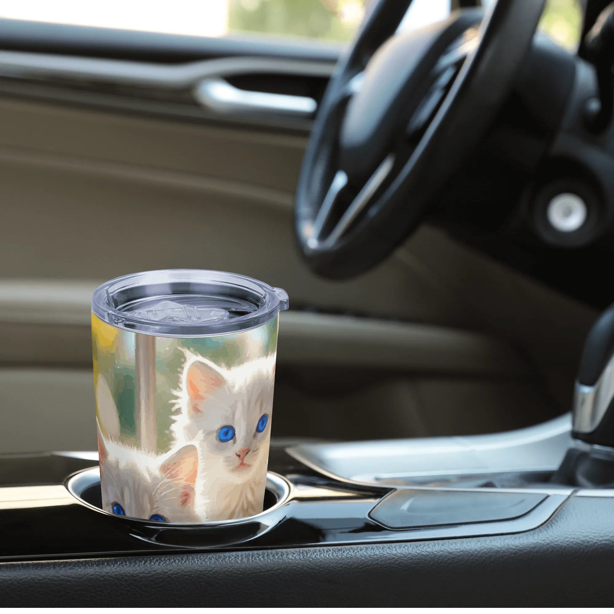 Cute White Kittens with Blue Eyes Stainless Steel 20oz Car Tumbler (Made in USA )