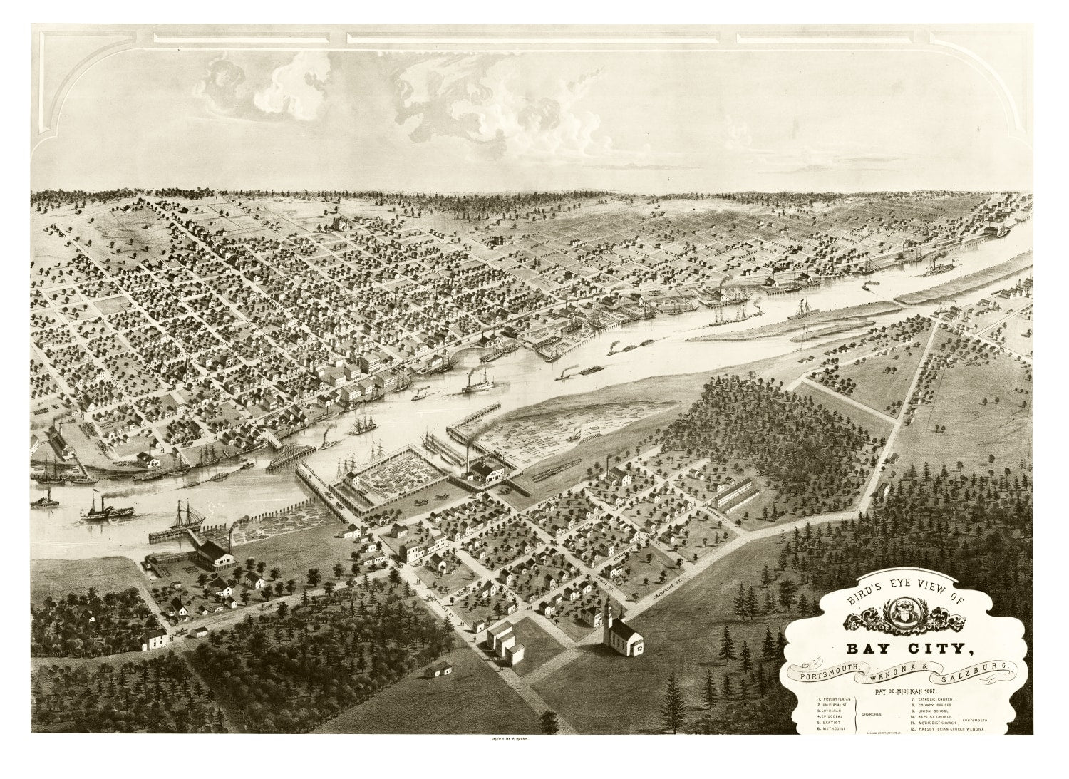 Vintage Map of Bay City, Michigan 1867