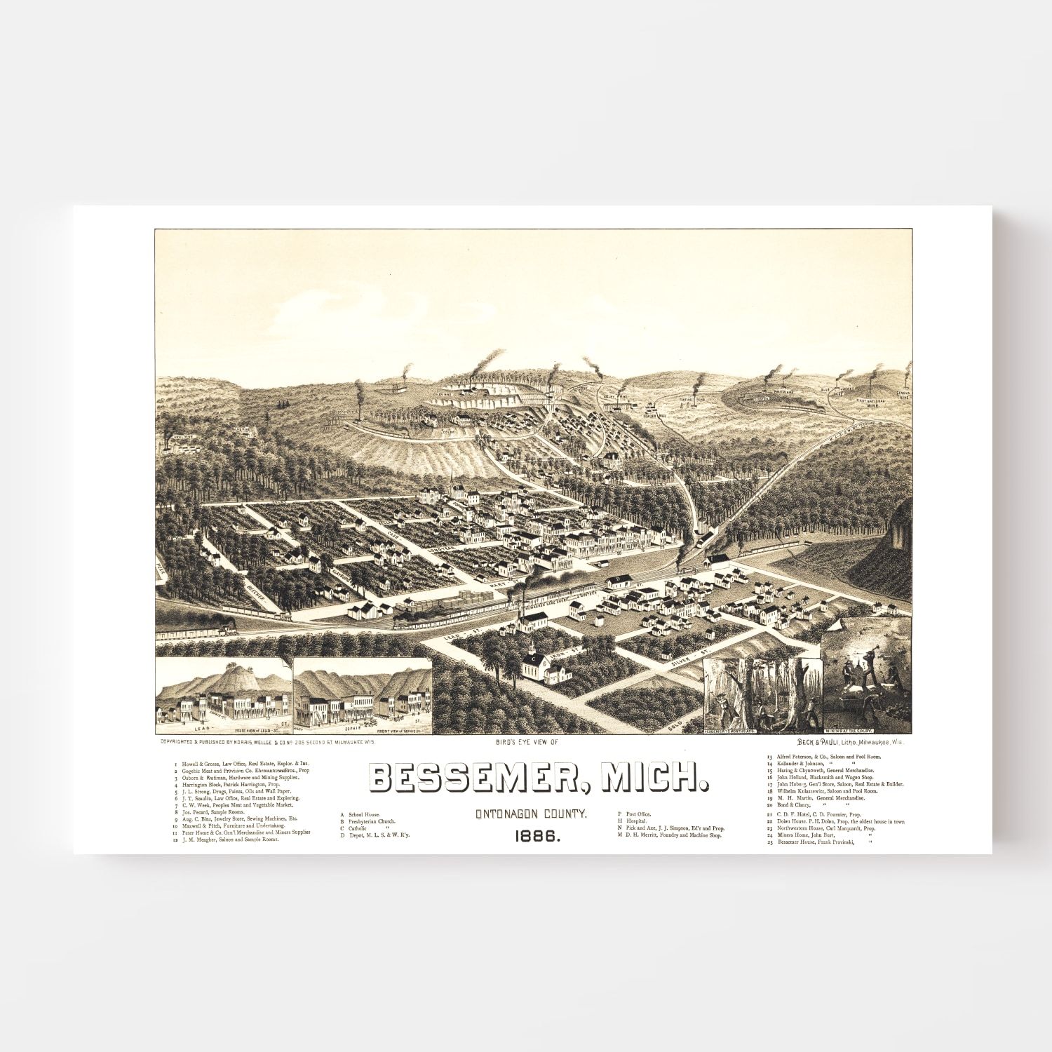 Vintage Map of Bessemer, Michigan 1886