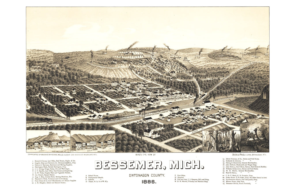 Vintage Map of Bessemer, Michigan 1886
