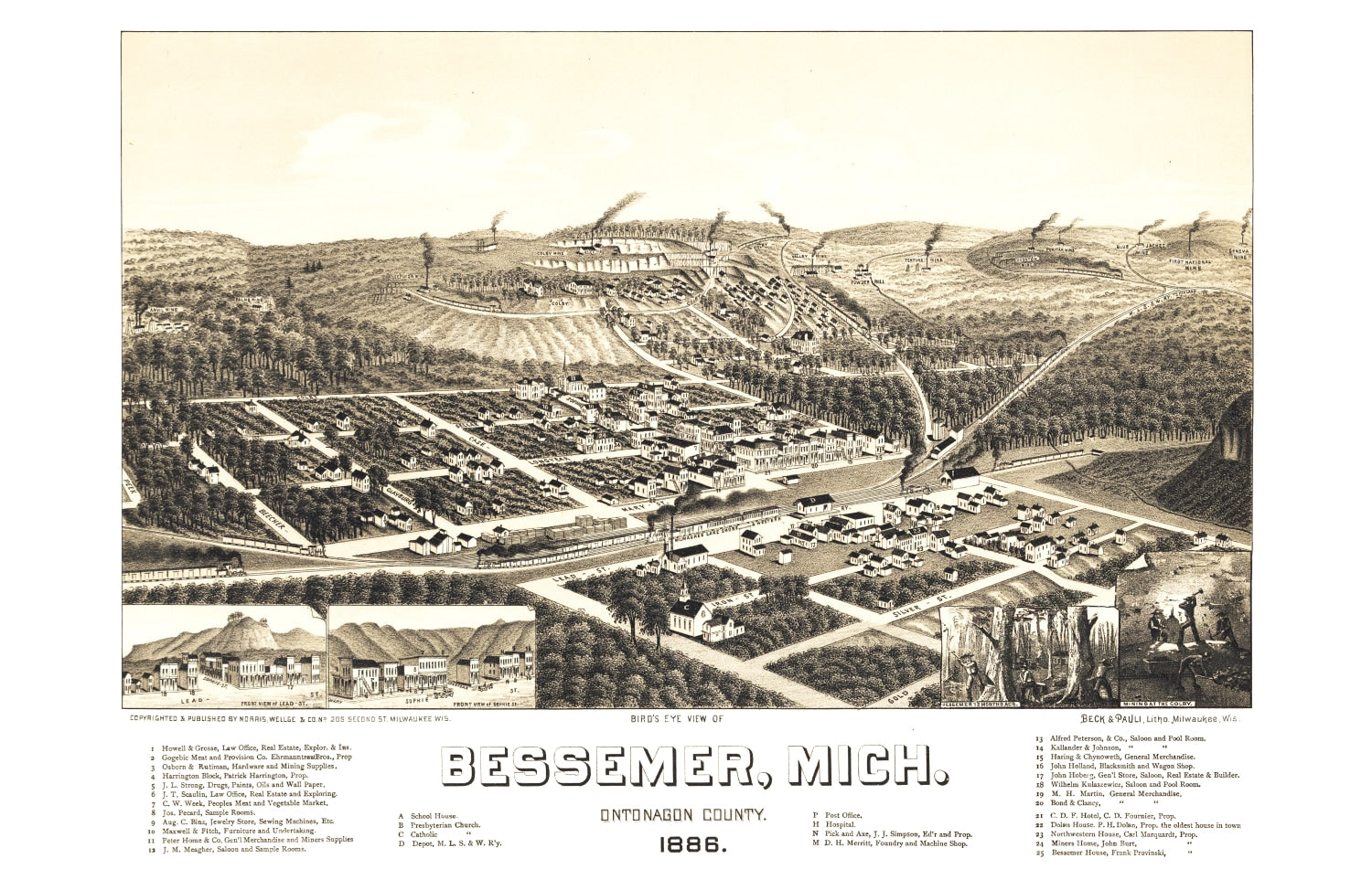 Vintage Map of Bessemer, Michigan 1886