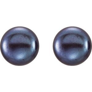 14K Yellow Gold 8-9 mm Cultured Black Freshwater Button Pearl Earrings