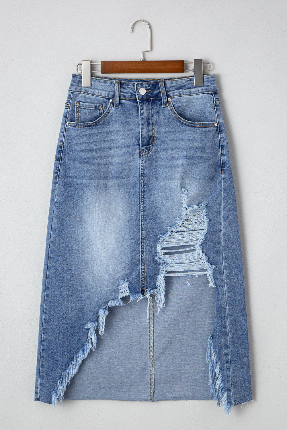 Myosotis Distressed Hem Denim Midi Skirt Irregular Look