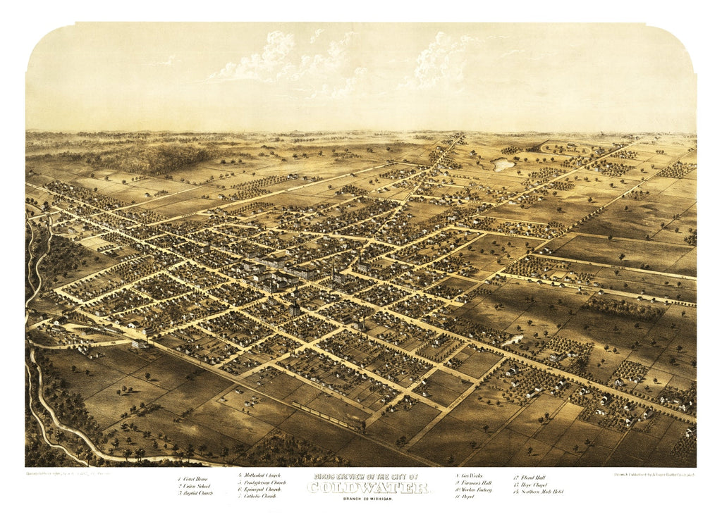 Vintage Map of Coldwater, Michigan 1868
