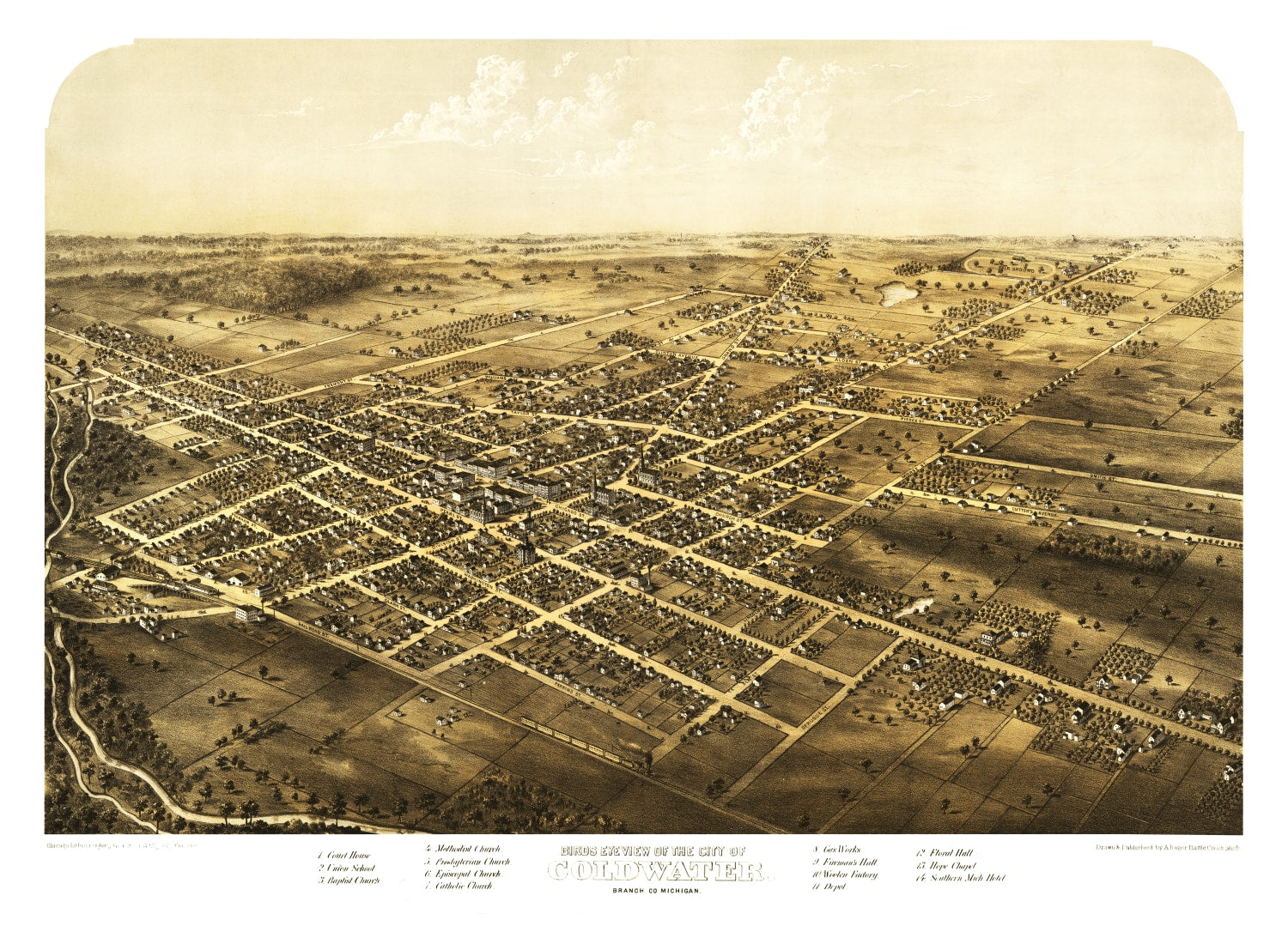 Vintage Map of Coldwater, Michigan 1868