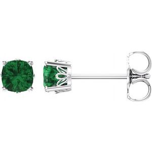 14K White Gold 6x6 mm Cushion Lab-Grown Emerald Earrings