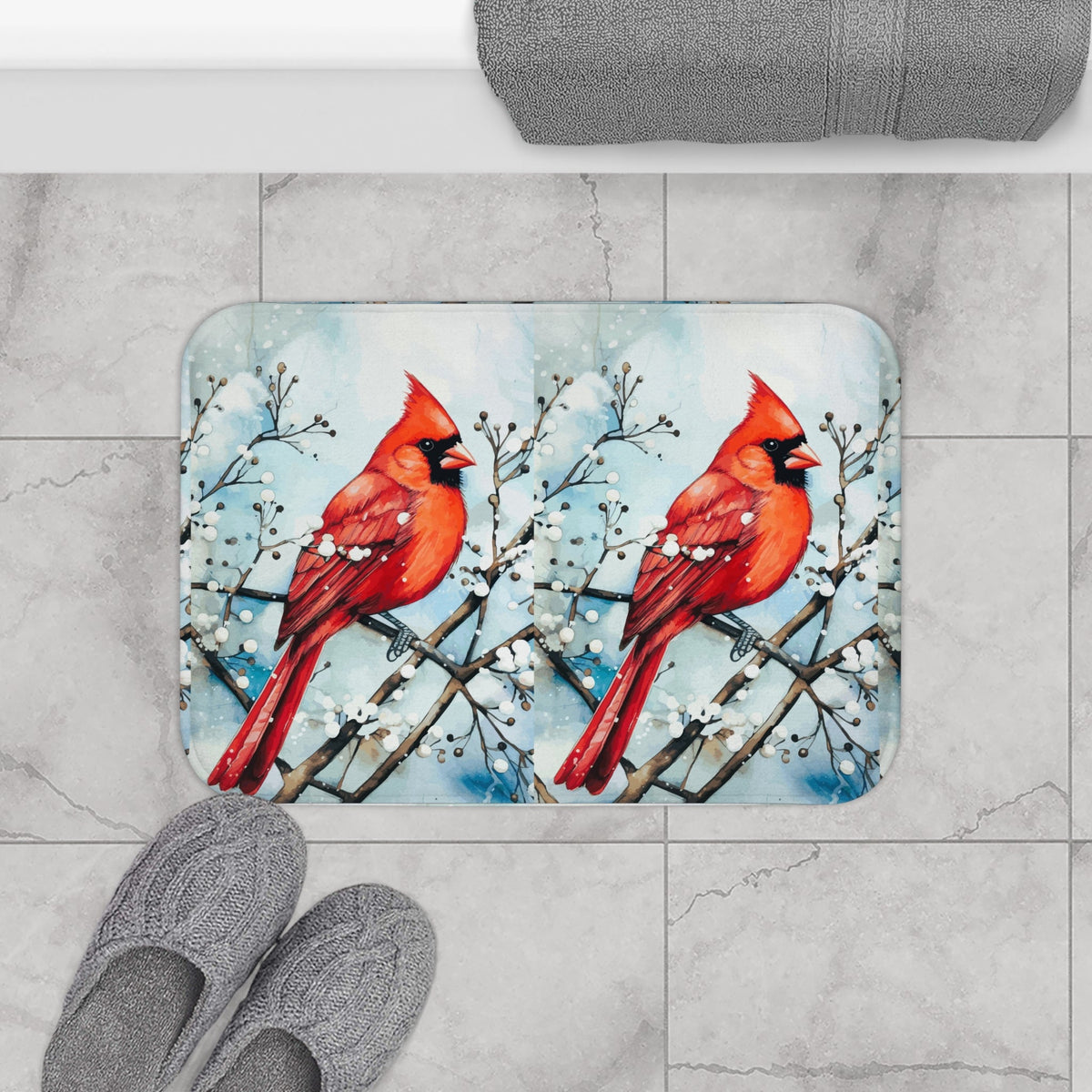 Red Bird in the Snow Bath Mat