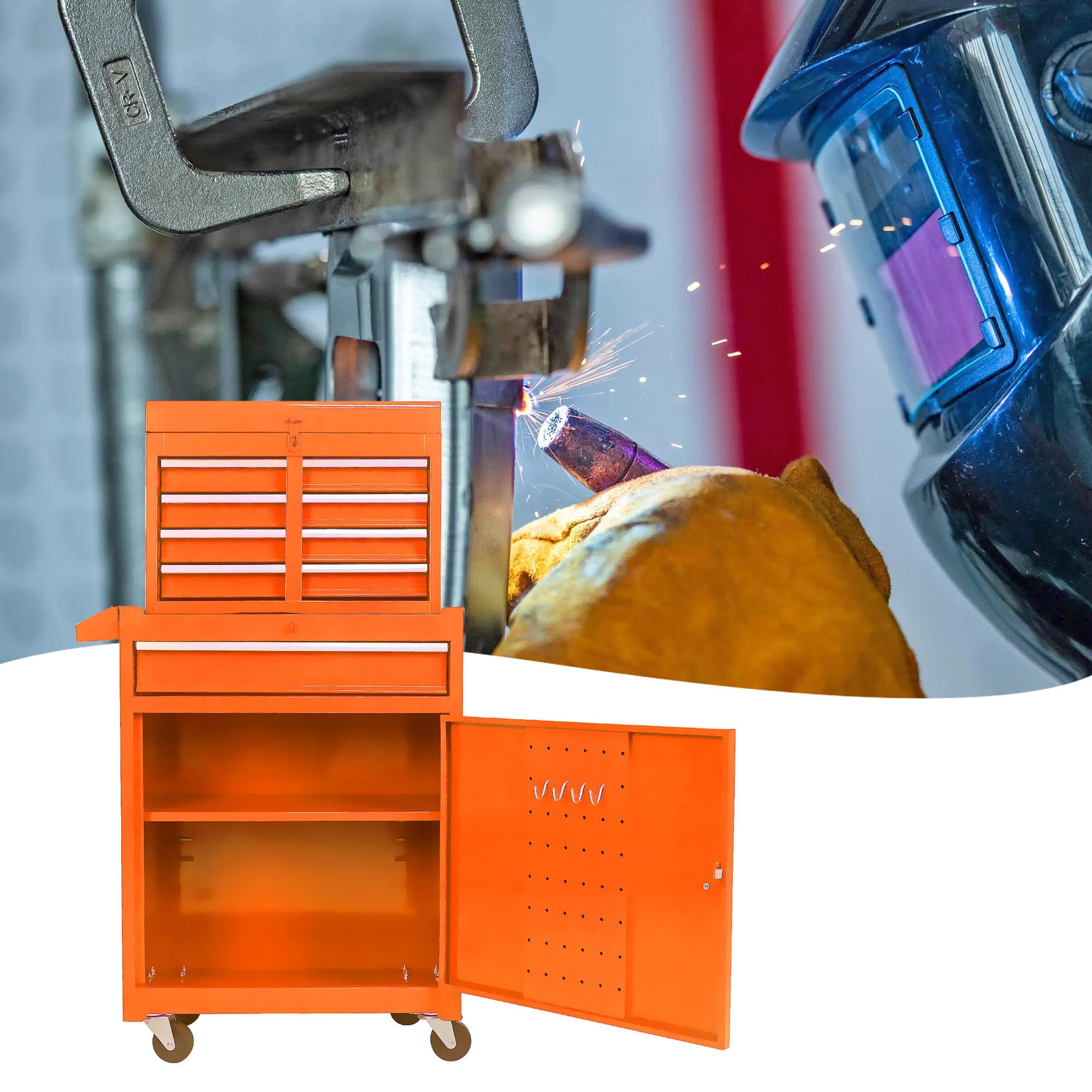 Rolling Tool Chest, 5-Drawer Tool Box Organizer w/Lockable Wheels & Sliding Drawers & Detachable Top & Adjustable Shelf, Tool Storage Cabinet for Garage Workshop(Orange)
