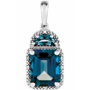 14K White Gold Natural London Blue Topaz & .03 CTW Natural Diamond Pendant