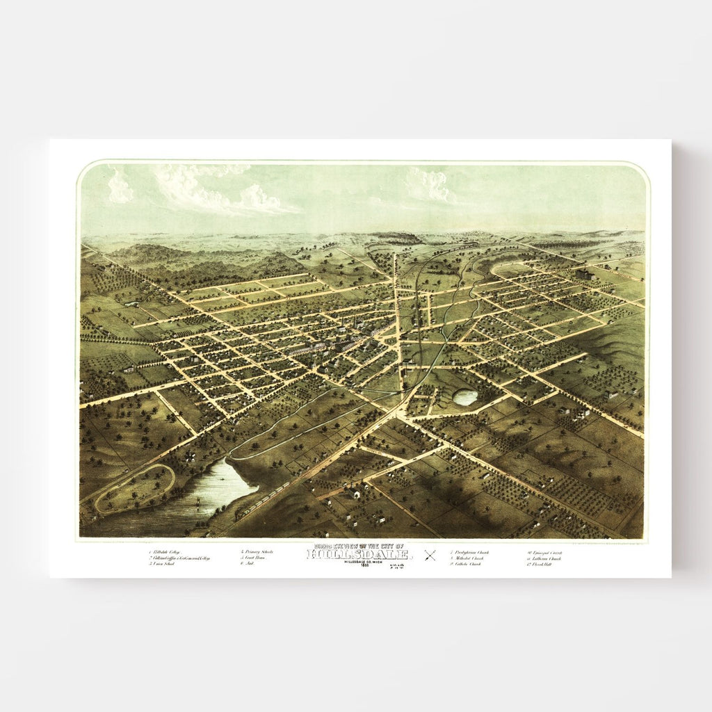 Vintage Map of Hillsdale, Michigan 1866