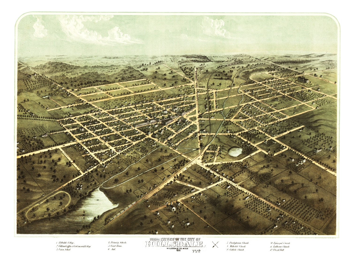 Vintage Map of Hillsdale, Michigan 1866