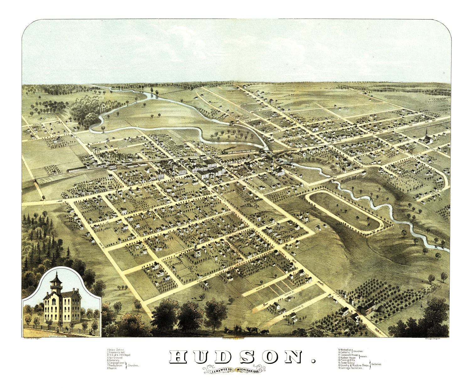 Vintage Map of Hudson, Michigan 1868