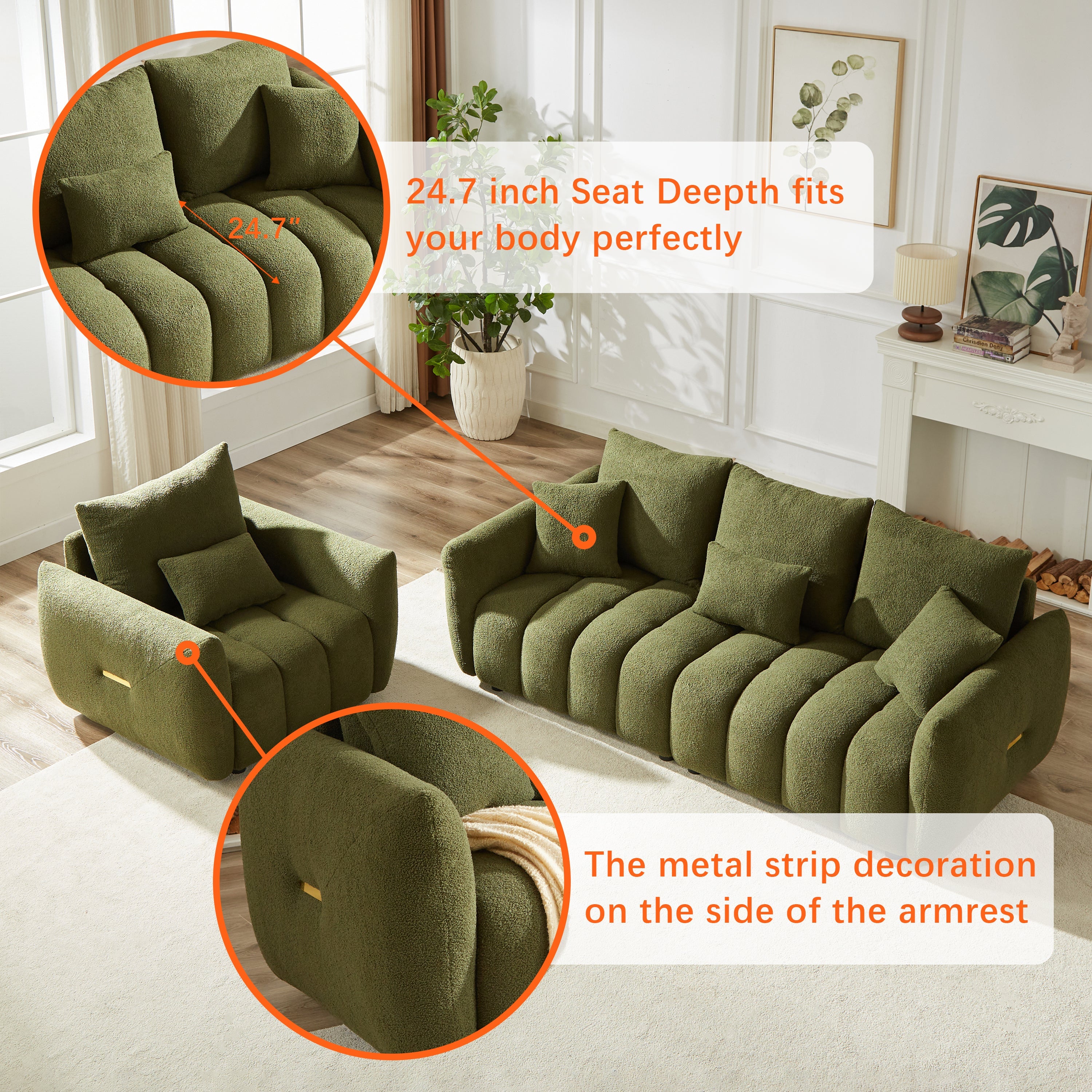 3 Seater + 1 Seater Combo Sofa Modern Living Room Sofa, Teddy Sofa, Wooden Frame, 4 Cushions, Apartment Sofa Furniture