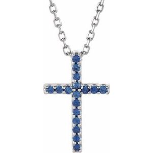 14K White Gold Natural Blue Sapphire Petite Cross 16" Necklace
