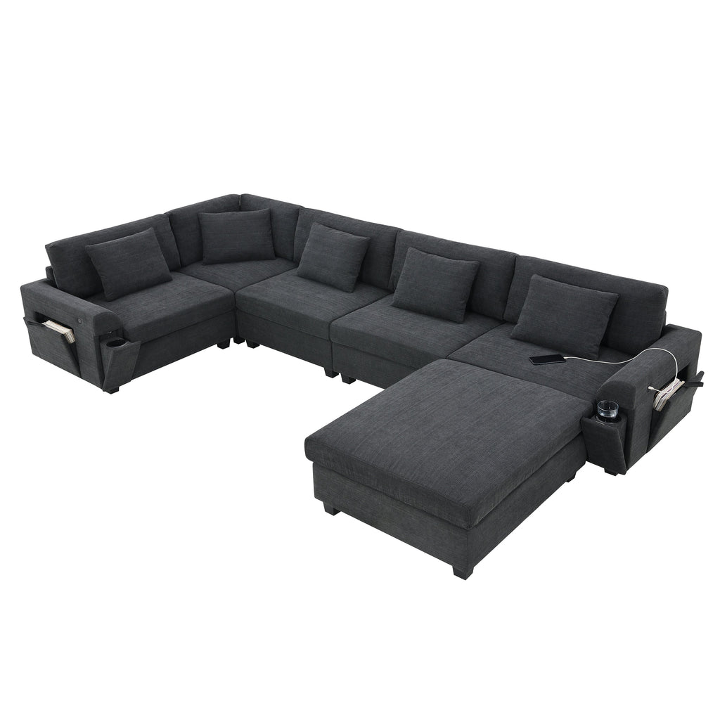 Chenille U Shaped Sectional Sofa with Ottoman and Storage, USB Ports, 2 Colors