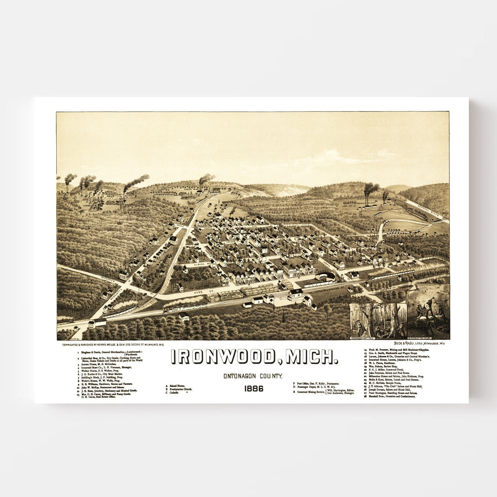 Vintage Map of Ironwood, Michigan 1886