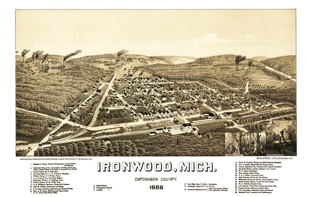 Vintage Map of Ironwood, Michigan 1886