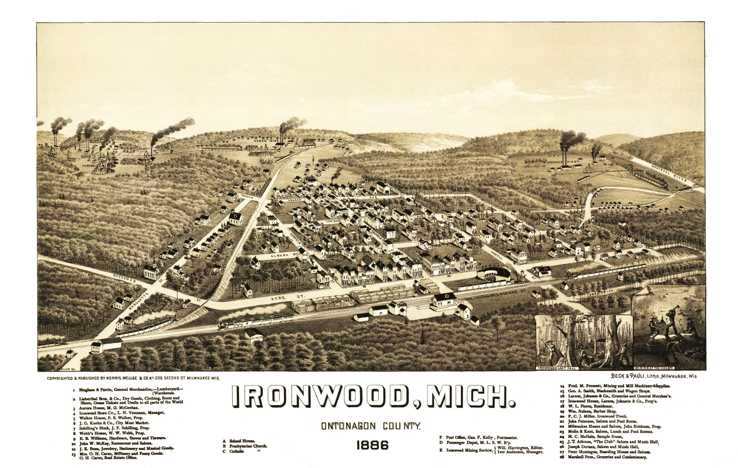 Vintage Map of Ironwood, Michigan 1886