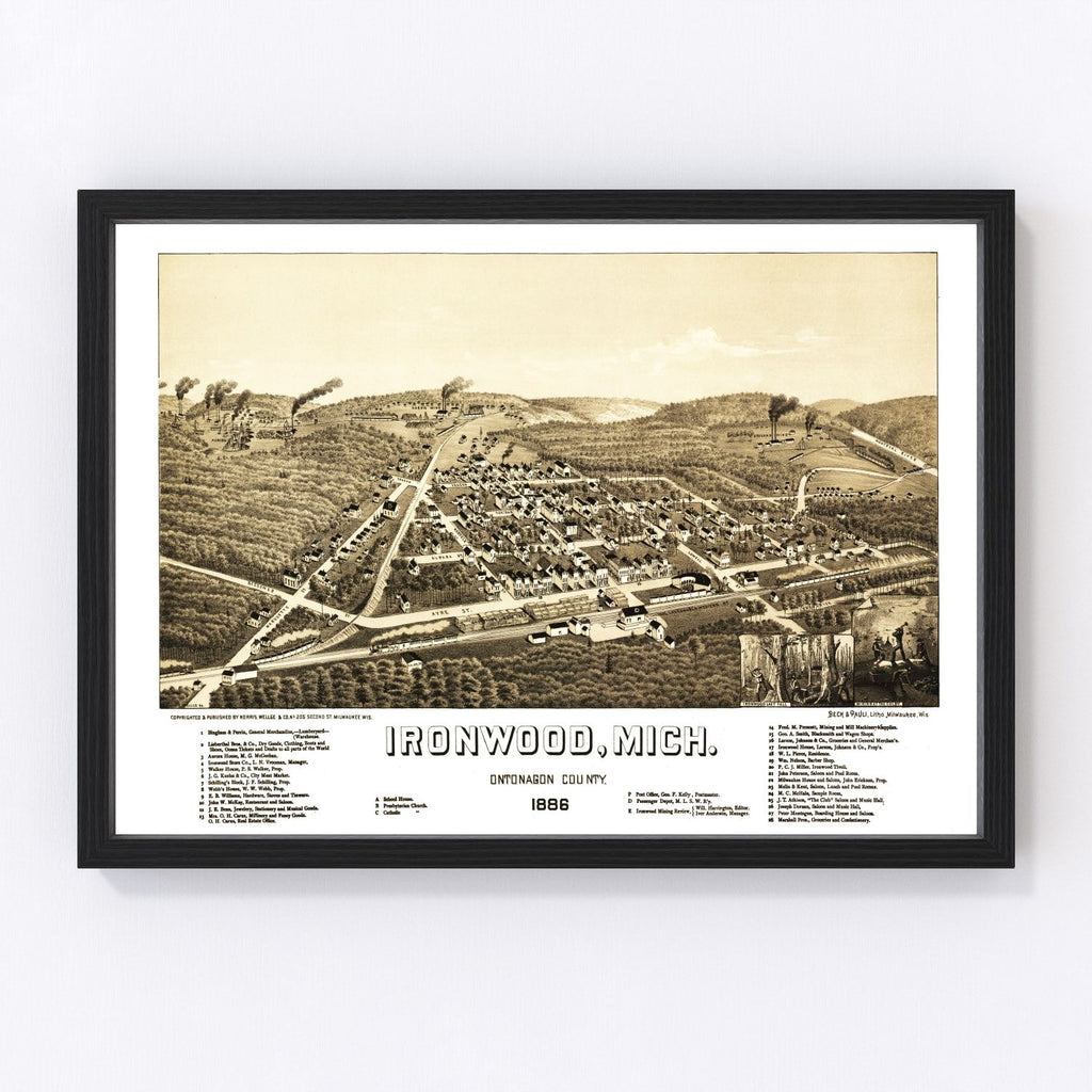 Vintage Map of Ironwood, Michigan 1886