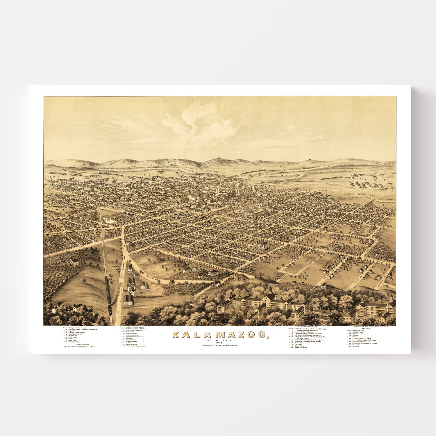 Vintage Map of Kalamazoo, Michigan 1874