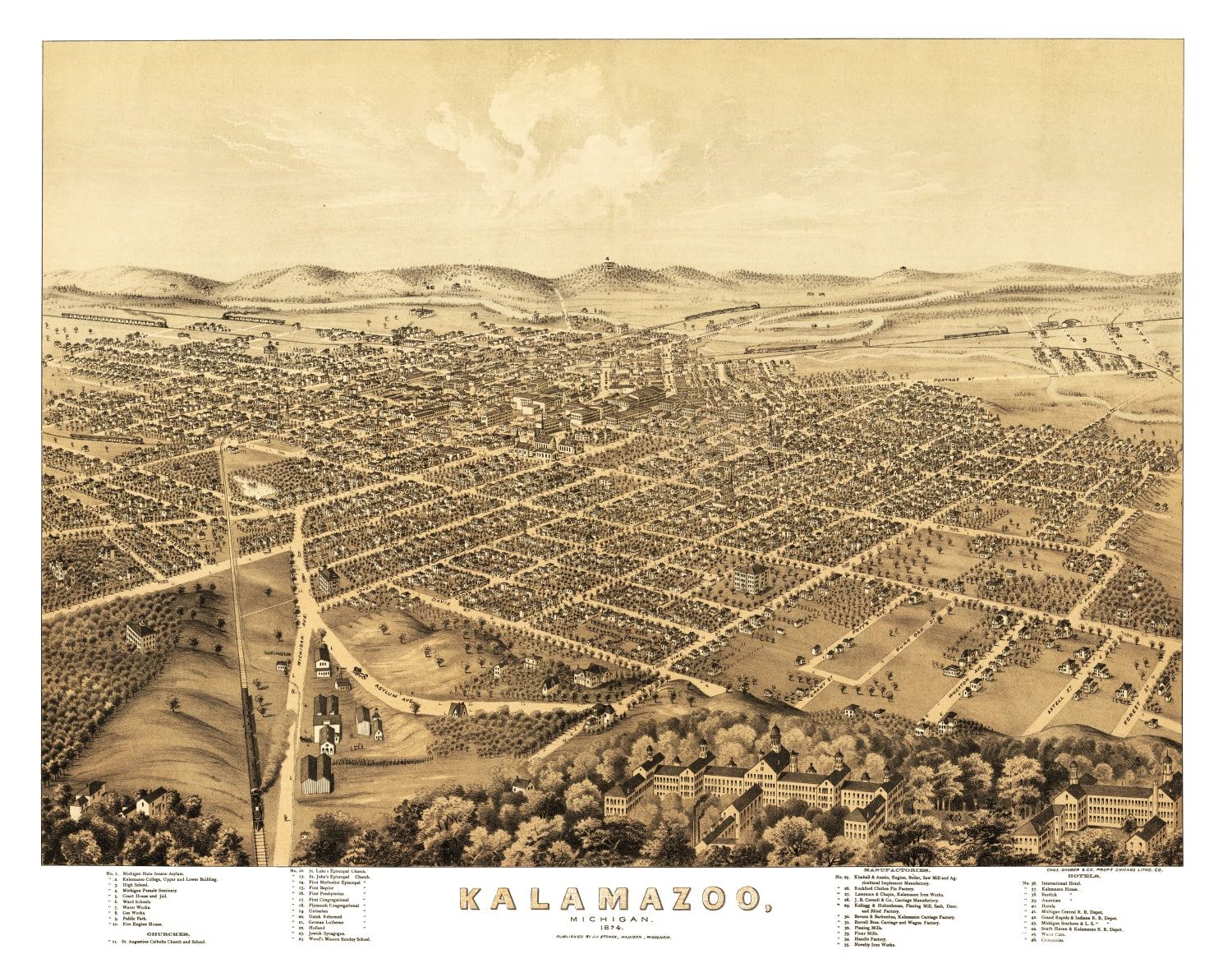 Vintage Map of Kalamazoo, Michigan 1874