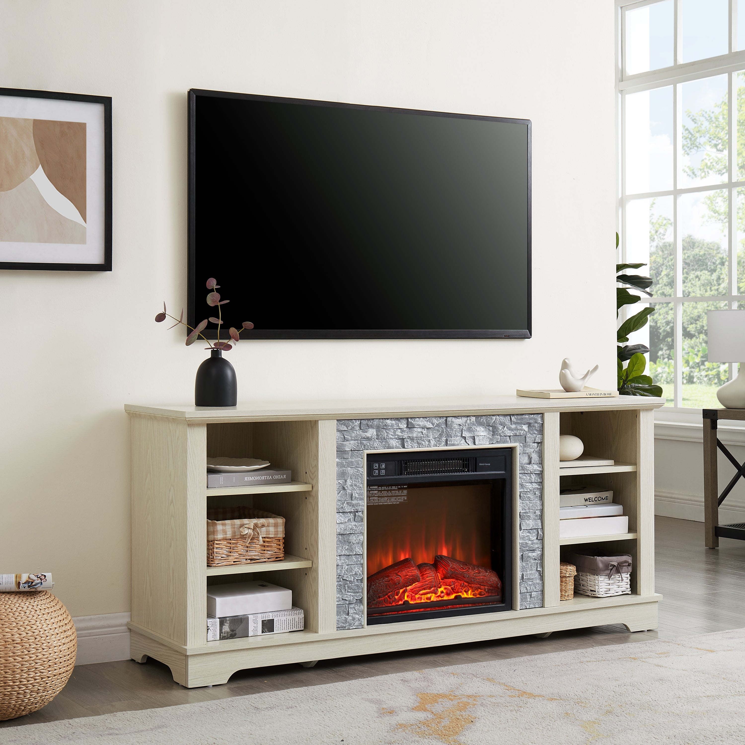 Mantel Electric Fireplace Stone TV Media Stand, Open Storage Modern Entertainment Console  Space with 18' Fireplace Insert, White, 58.31'W*15.39'D*26.06'H