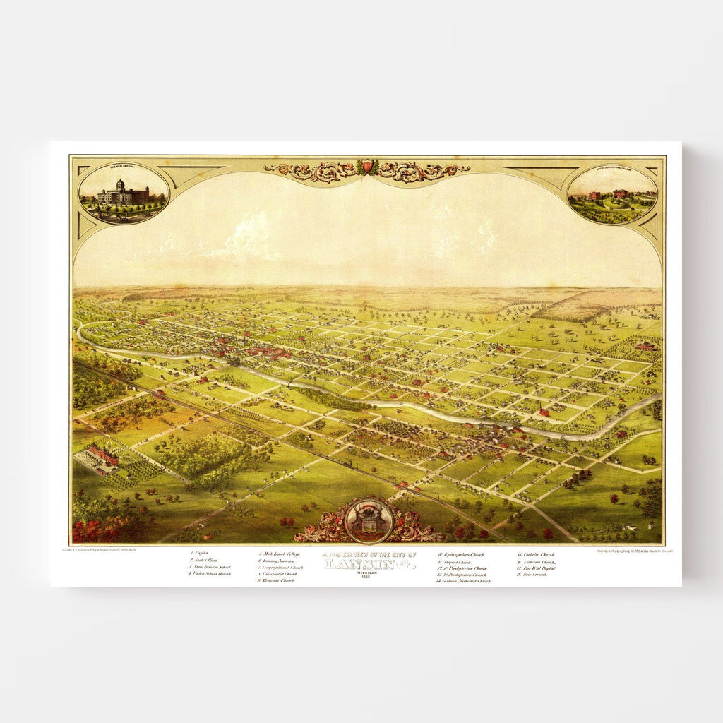 Vintage Map of Lansing, Michigan 1866