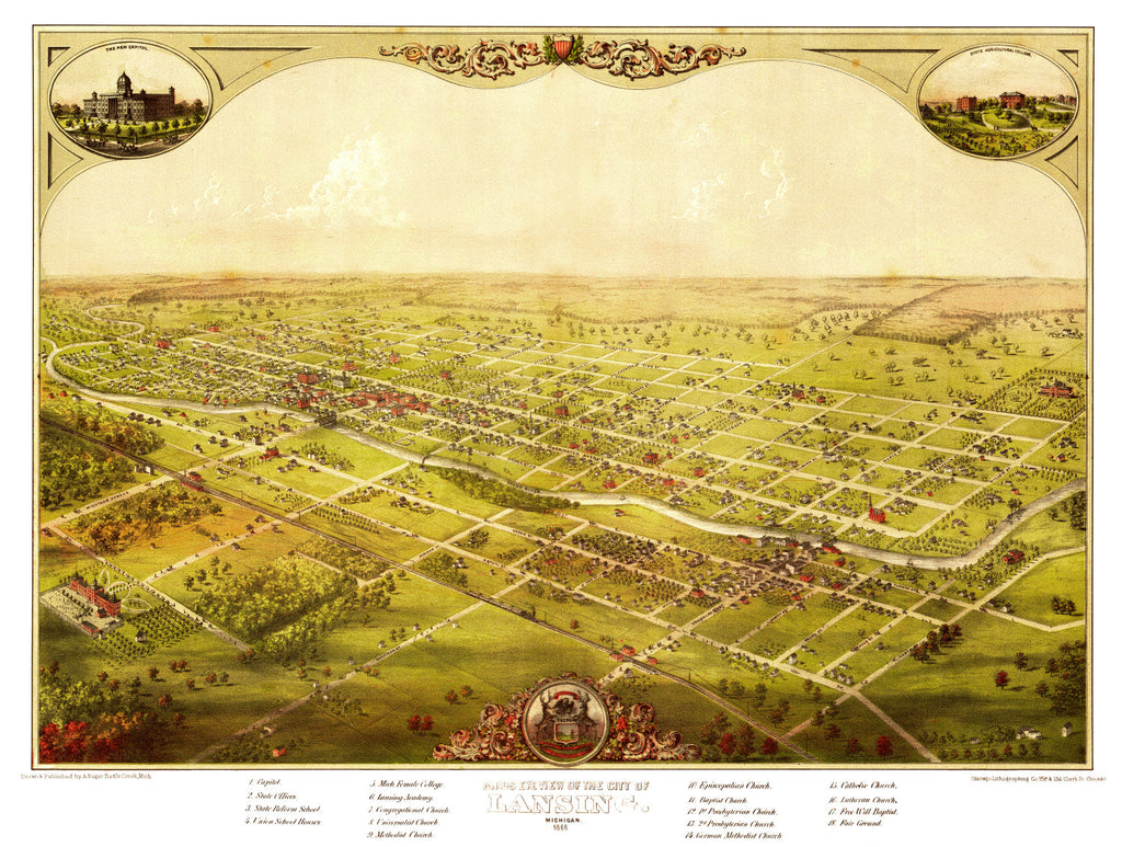 Vintage Map of Lansing, Michigan 1866