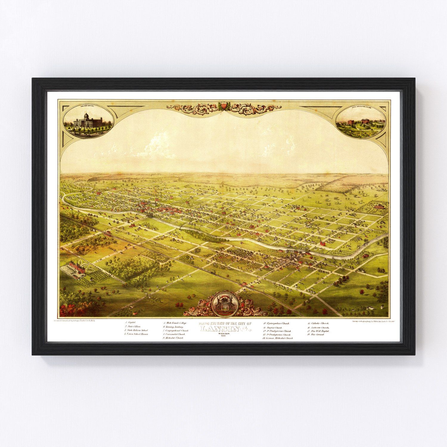 Vintage Map of Lansing, Michigan 1866