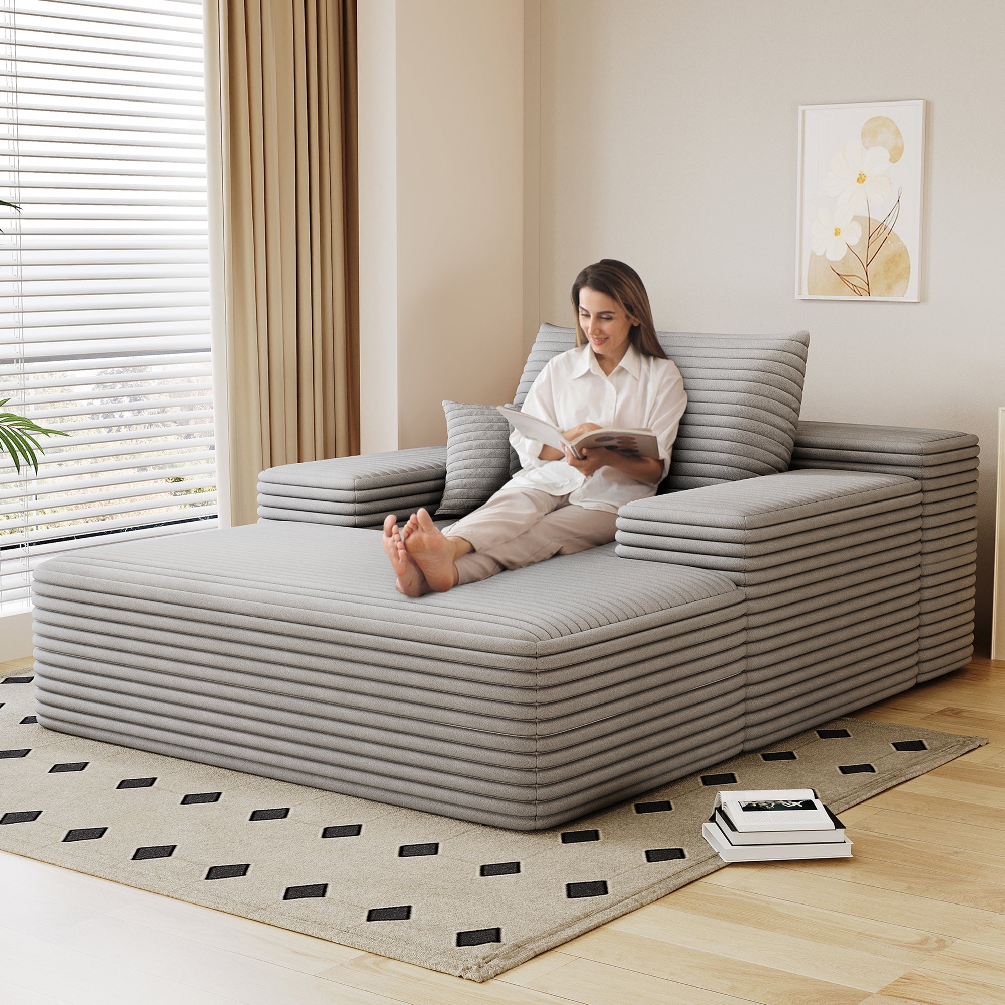 68'*51' Chaise Lounge Chair Indoor, Oversized Upholstered Sofa Bed, Sleeper Couch Reading Chairs Fluffy Plush Faux Fur Cloud Sofas Couches for Living Room,Grey