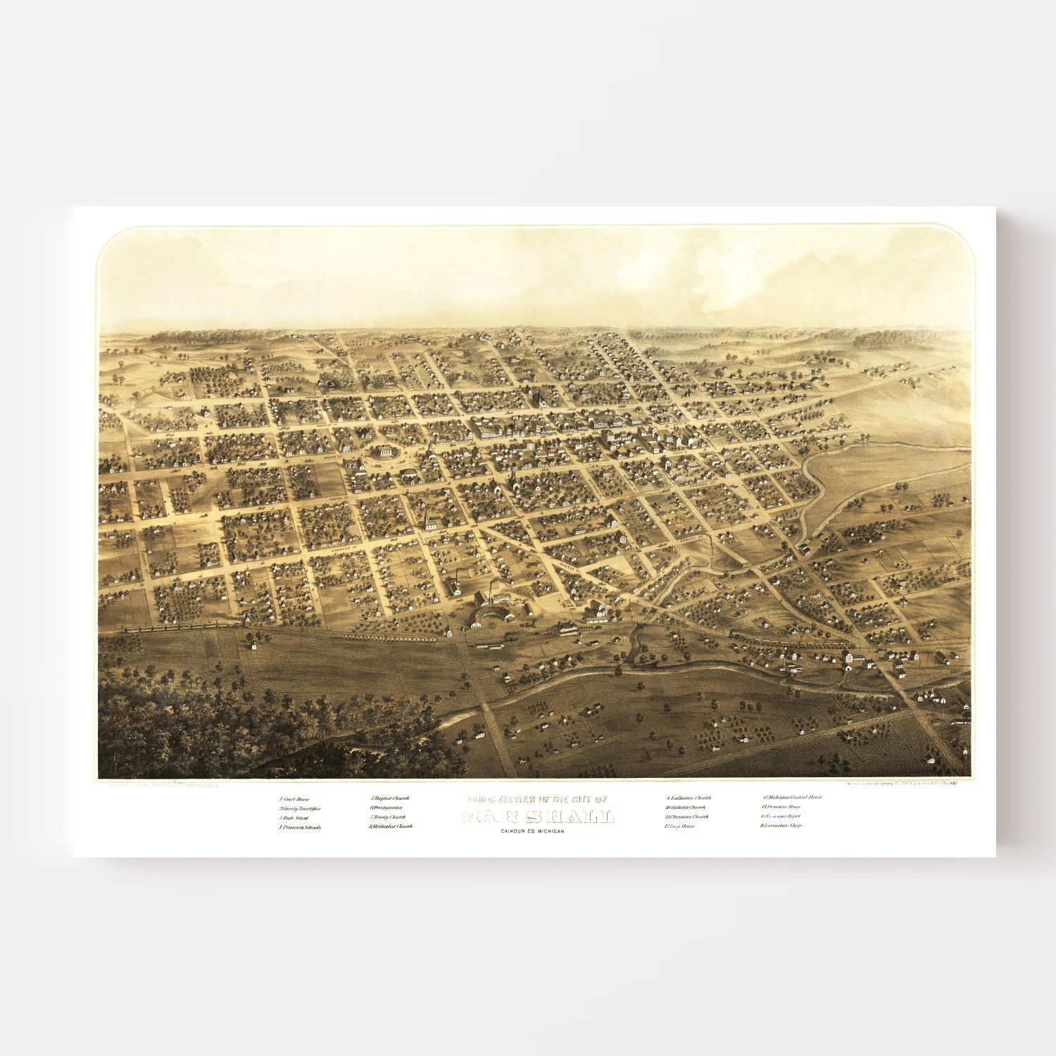 Vintage Map of Marshall, Michigan 1868