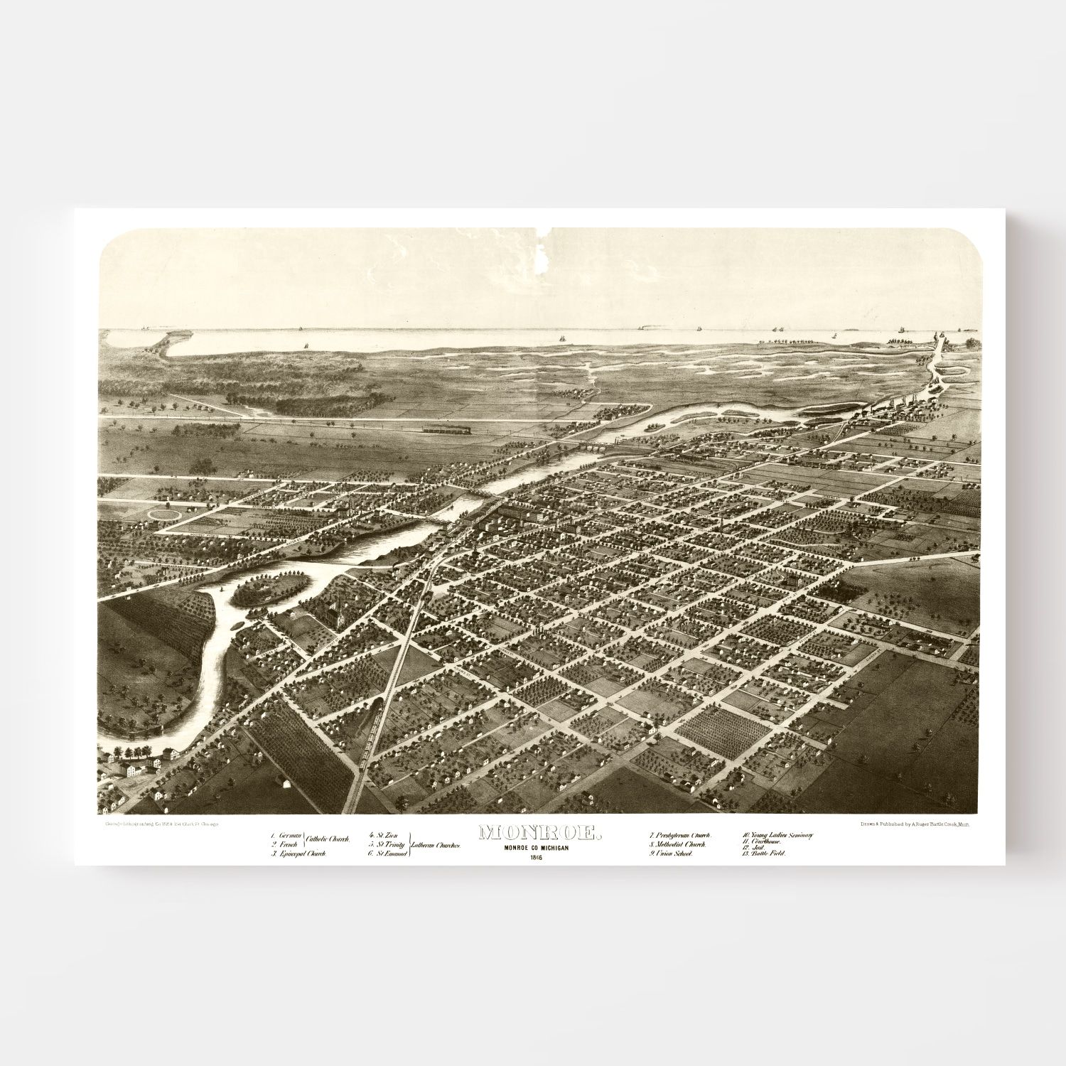 Vintage Map of Monroe, Michigan 1866