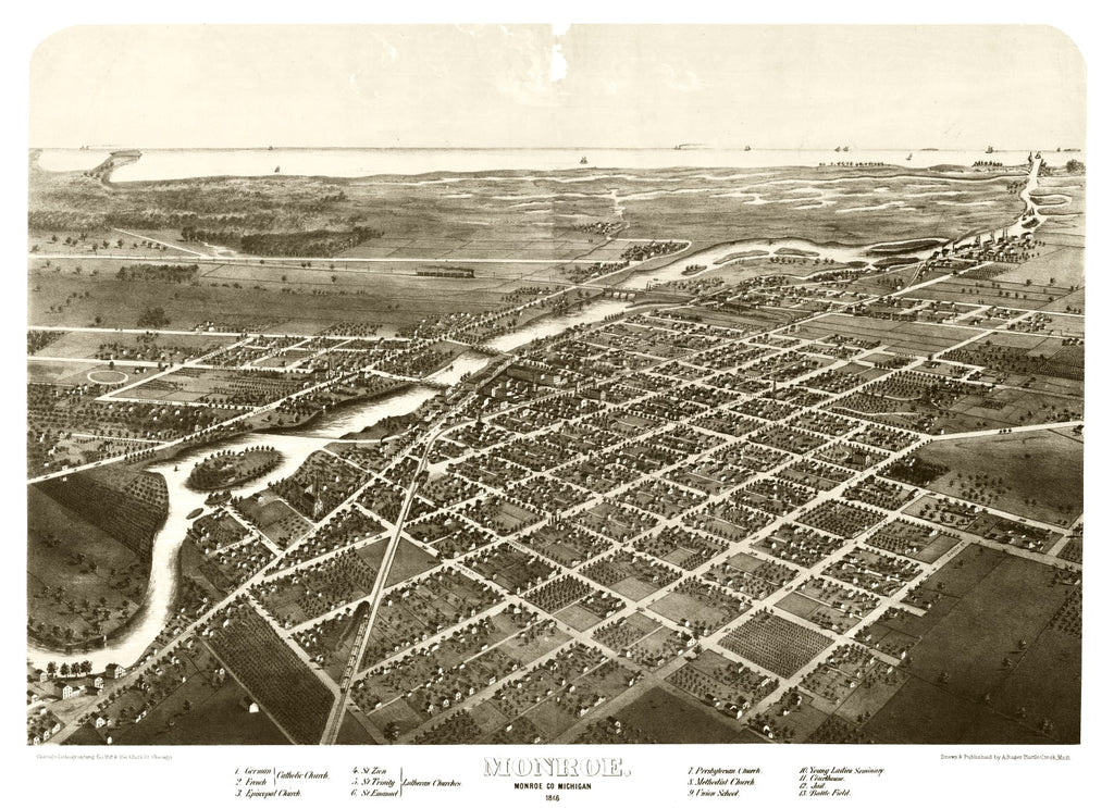 Vintage Map of Monroe, Michigan 1866