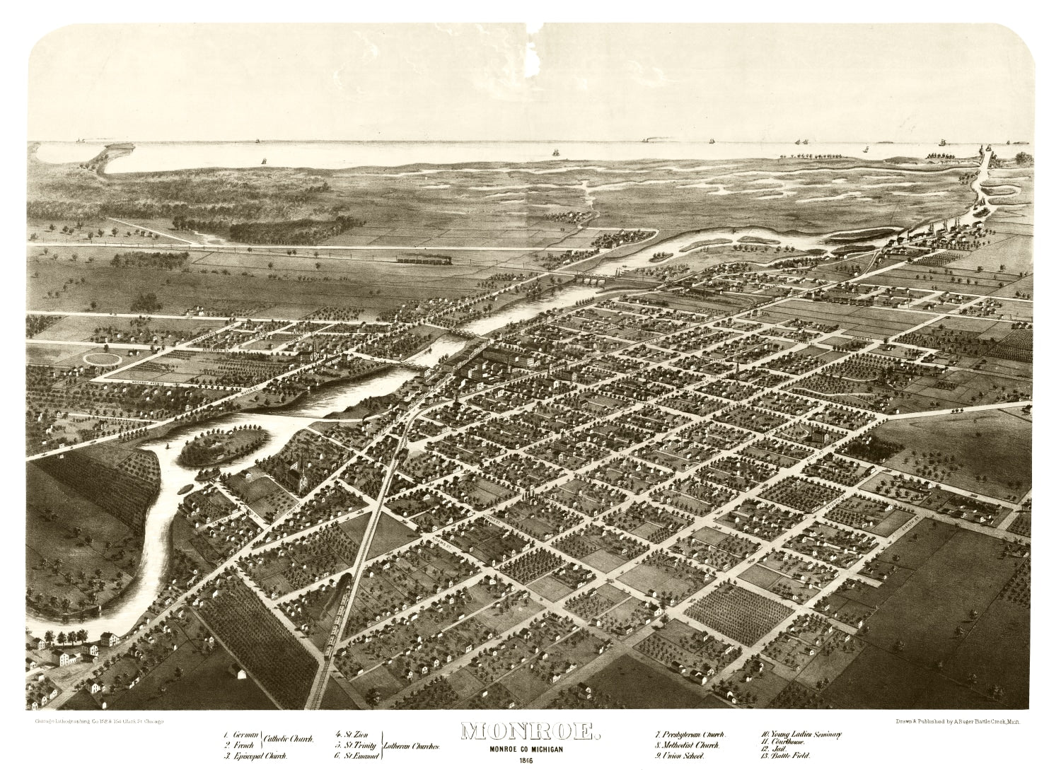 Vintage Map of Monroe, Michigan 1866
