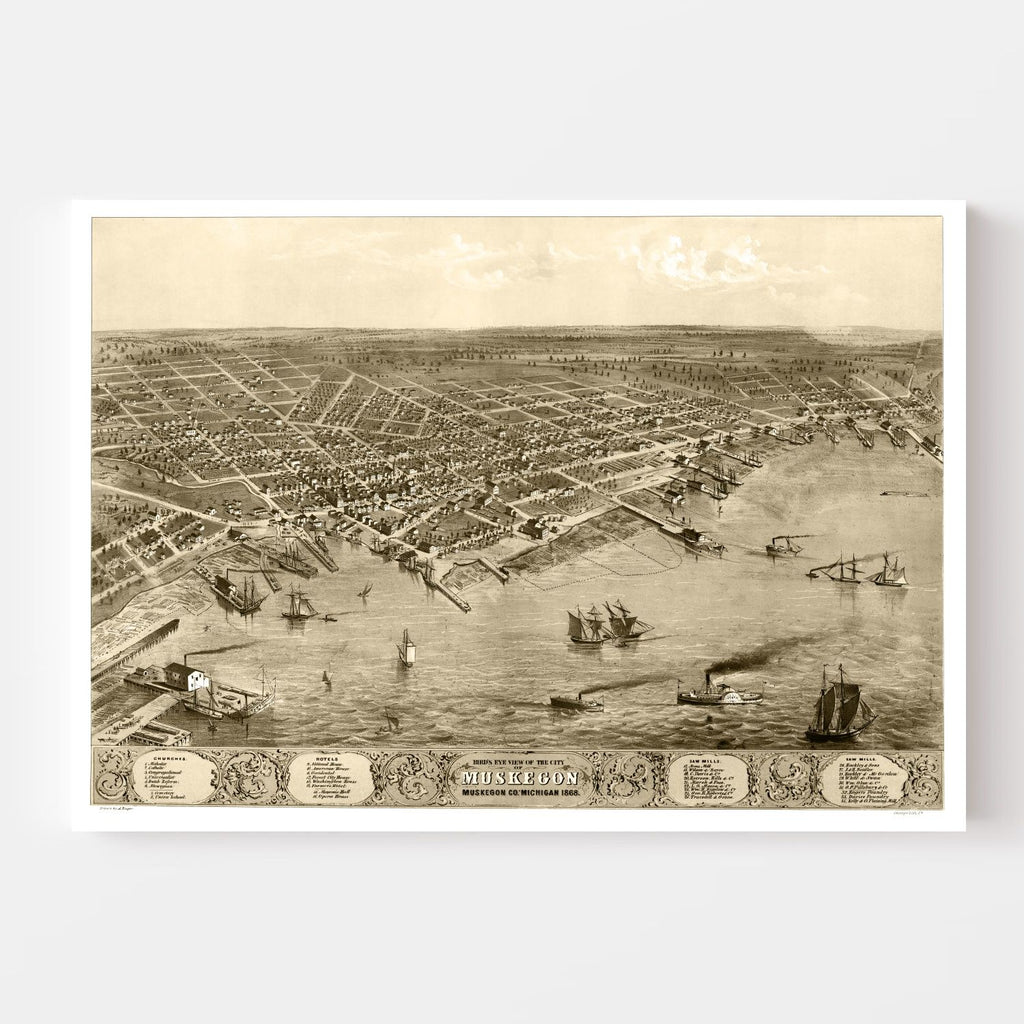 Vintage Map of Muskegon, Michigan 1868