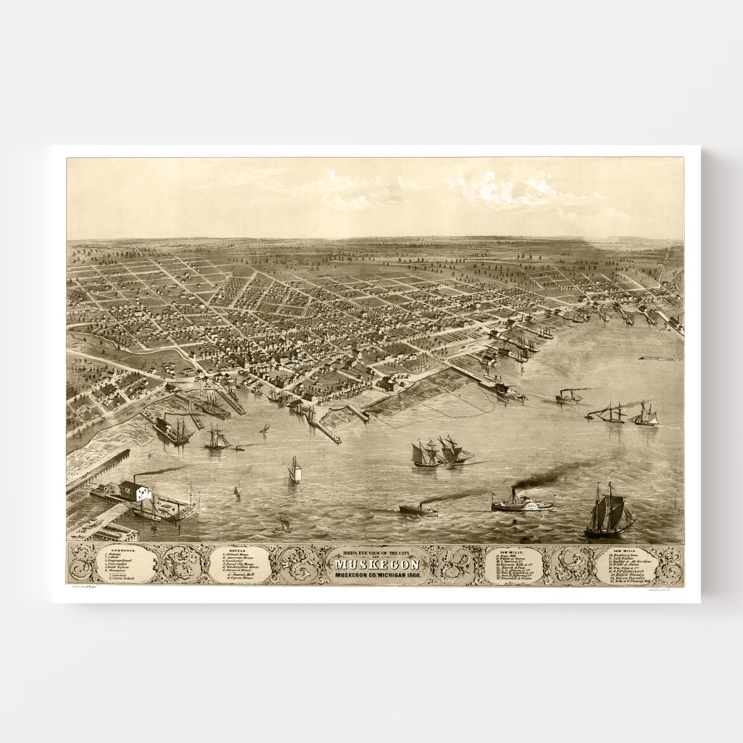 Vintage Map of Muskegon, Michigan 1868