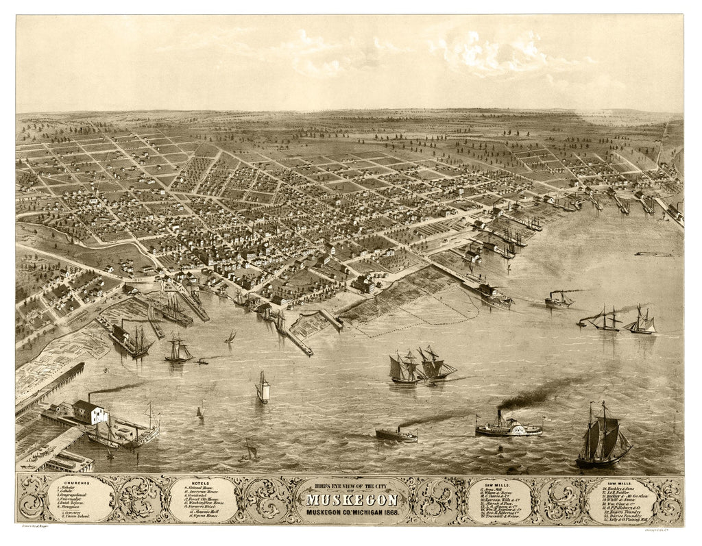 Vintage Map of Muskegon, Michigan 1868