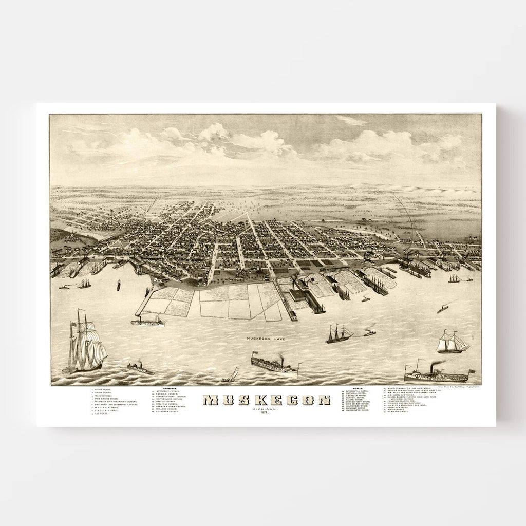 Vintage Map of Muskegon, Michigan 1874