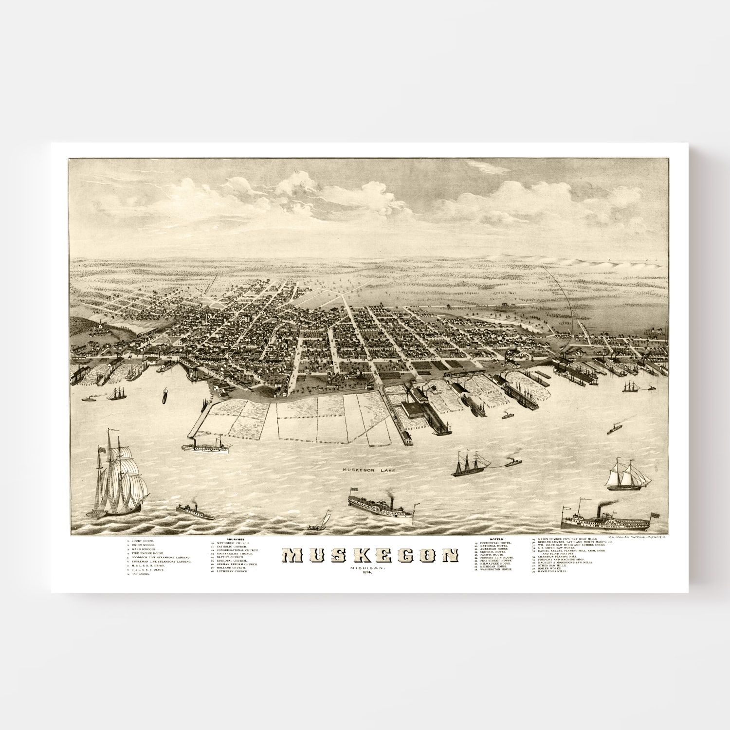 Vintage Map of Muskegon, Michigan 1874