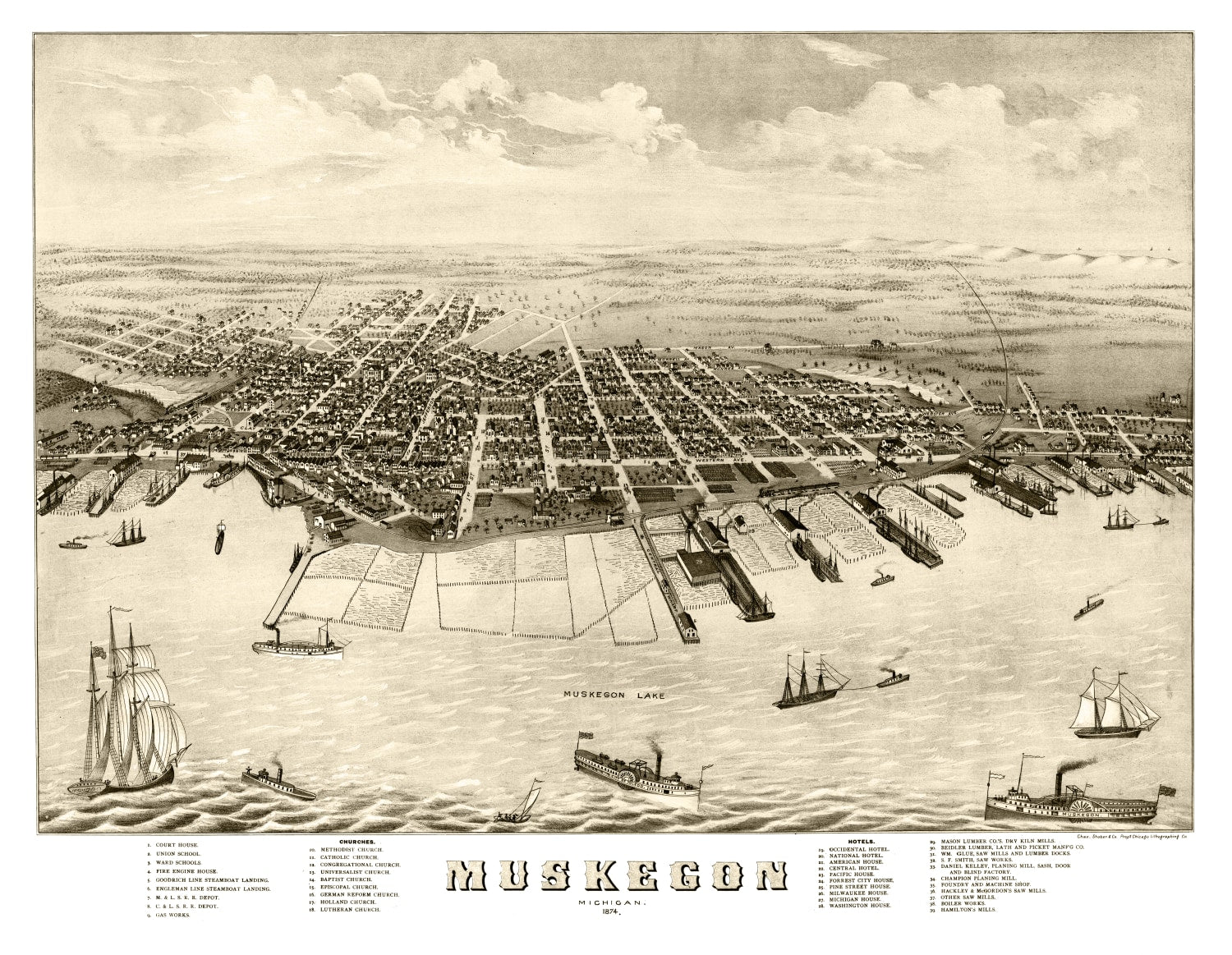 Vintage Map of Muskegon, Michigan 1874