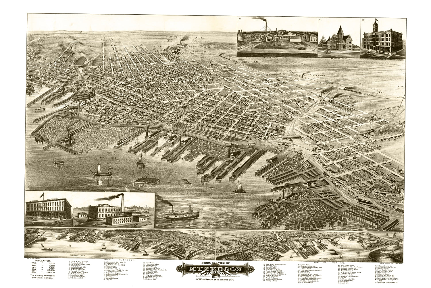Vintage Map of Muskegon, Michigan 1889