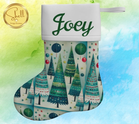 Vintage Christmas Trees on Green Stocking
