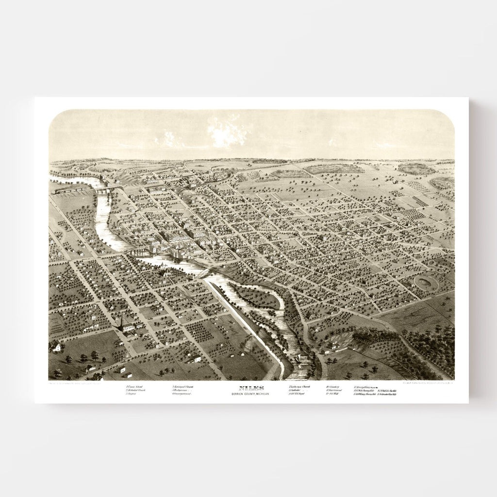 Vintage Map of Niles, Michigan 1868