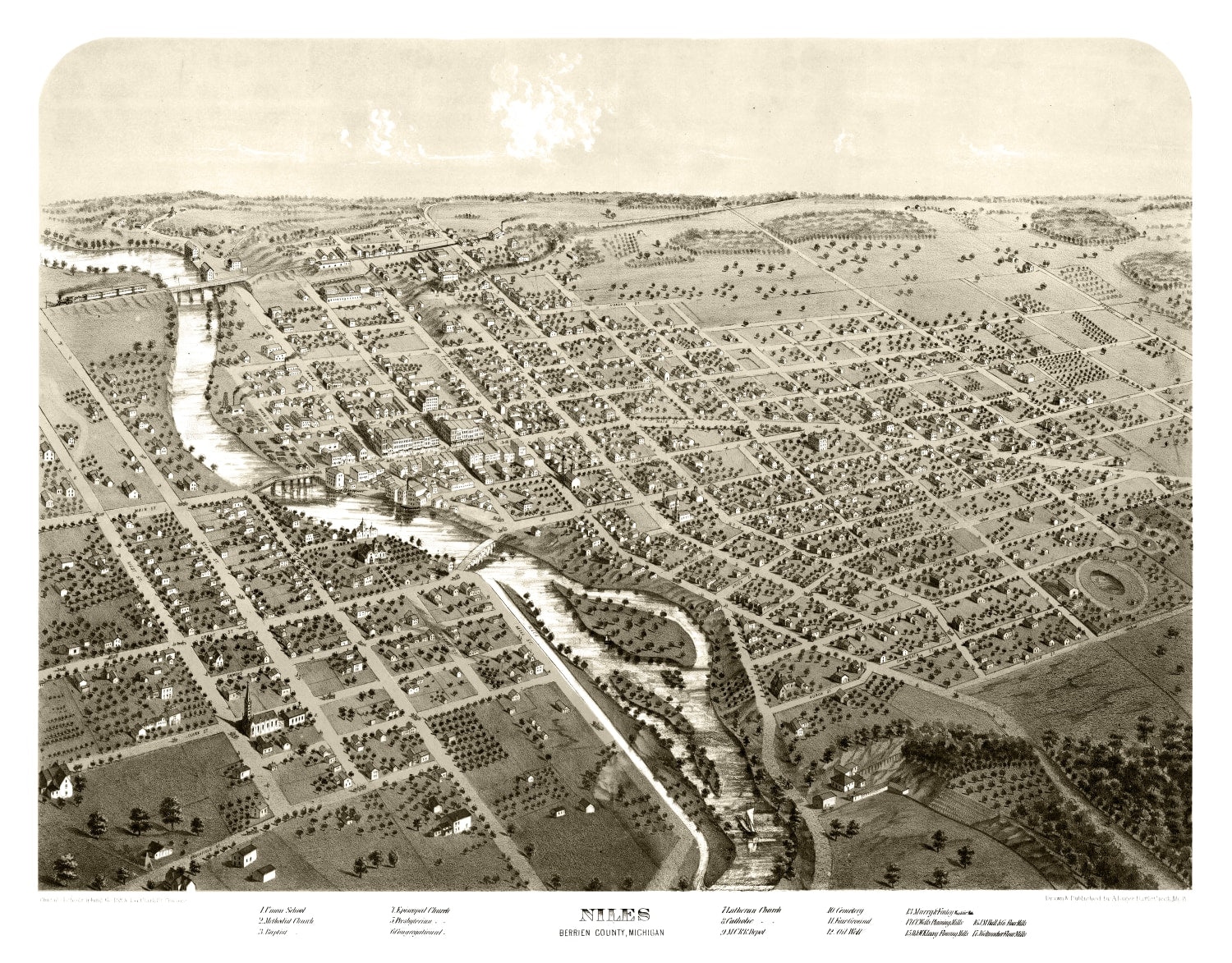 Vintage Map of Niles, Michigan 1868
