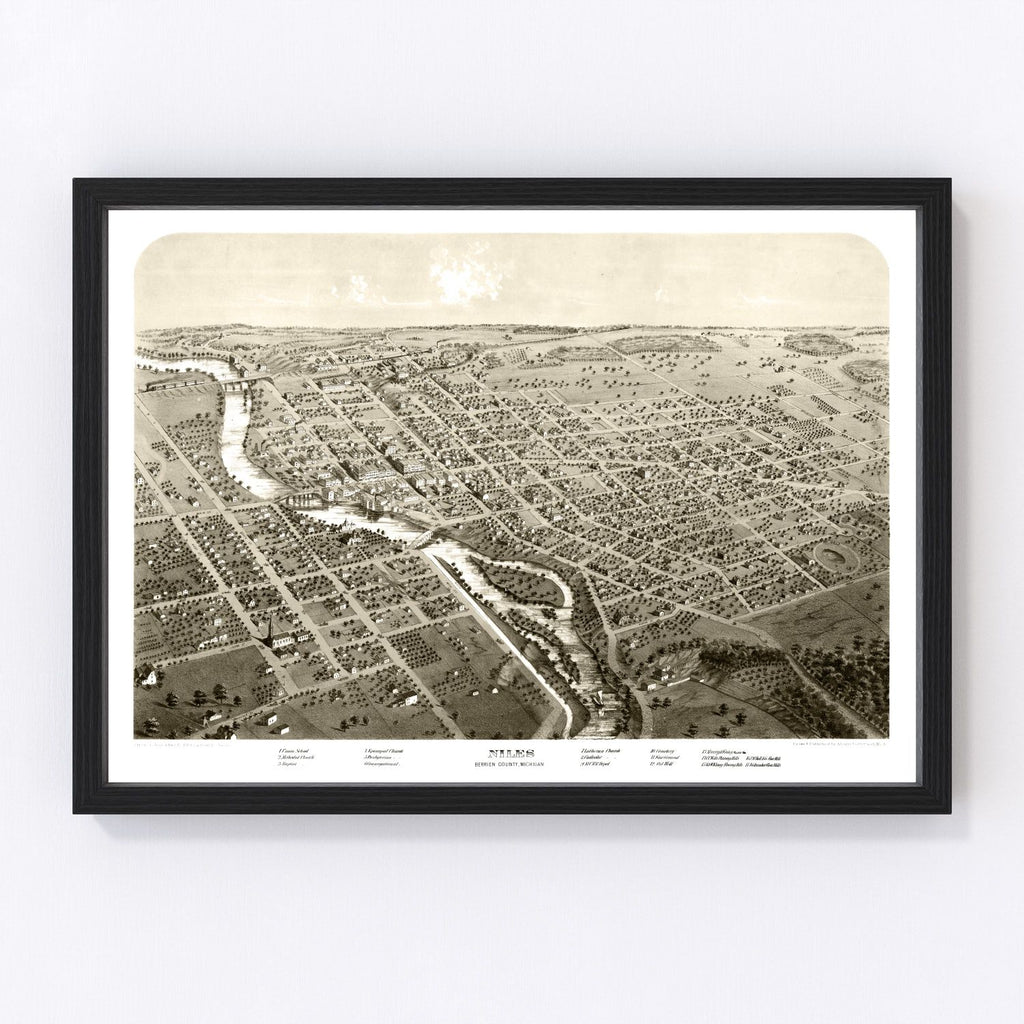 Vintage Map of Niles, Michigan 1868