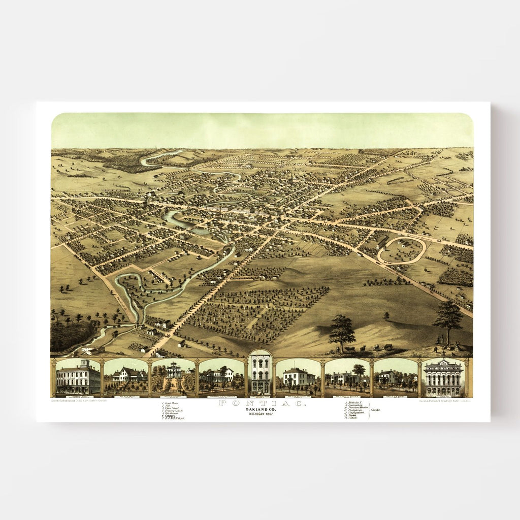 Vintage Map of Pontiac, Michigan 1867
