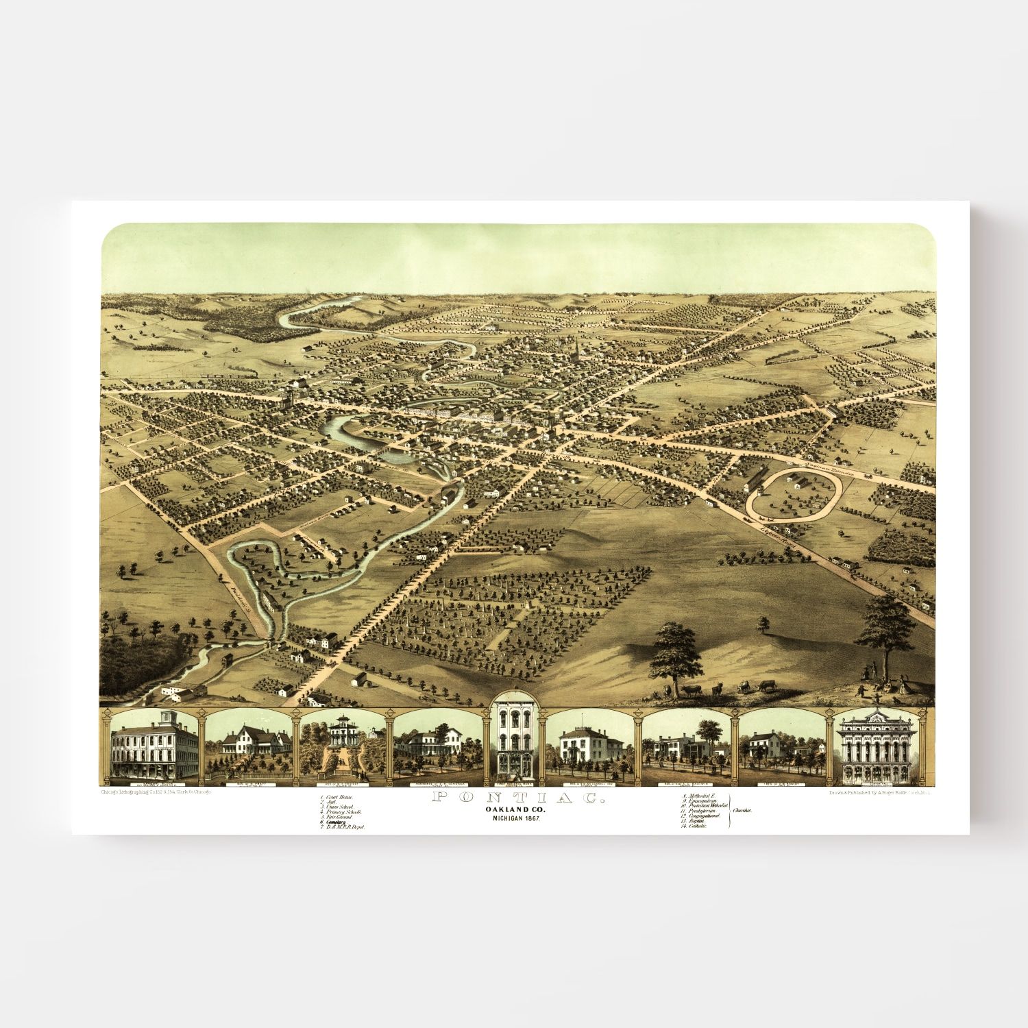 Vintage Map of Pontiac, Michigan 1867