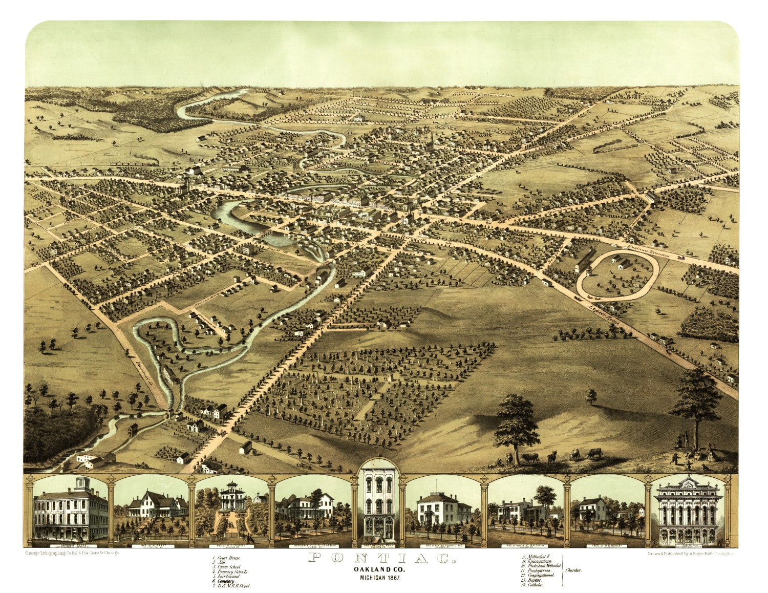 Vintage Map of Pontiac, Michigan 1867